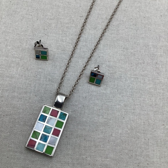 Vintage Sterling Silver Geometric Mosaic Necklace and Earrings Set - Picture 3 of 4